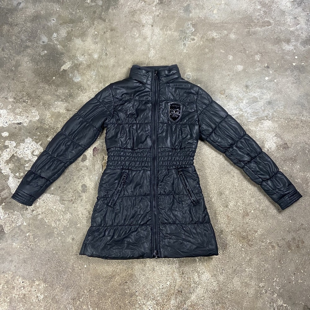 Vintage Y2K Ed Hardy Puffer Parka Jacket Women's Size XS Black Full Zip Badge